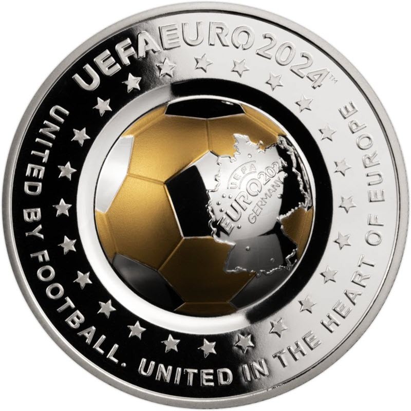 Серебряная монета (с позолотой) Казахстана «Объединенные футболом» 2024 г.в. (пруф), 20 г чистого серебра (проба 925)