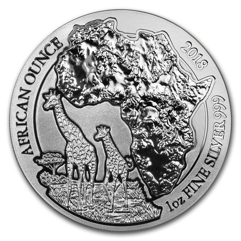 Серебряная монета Руанды «Жираф» 2018 г.в., 31.1 г чистого серебра (проба 0.999)